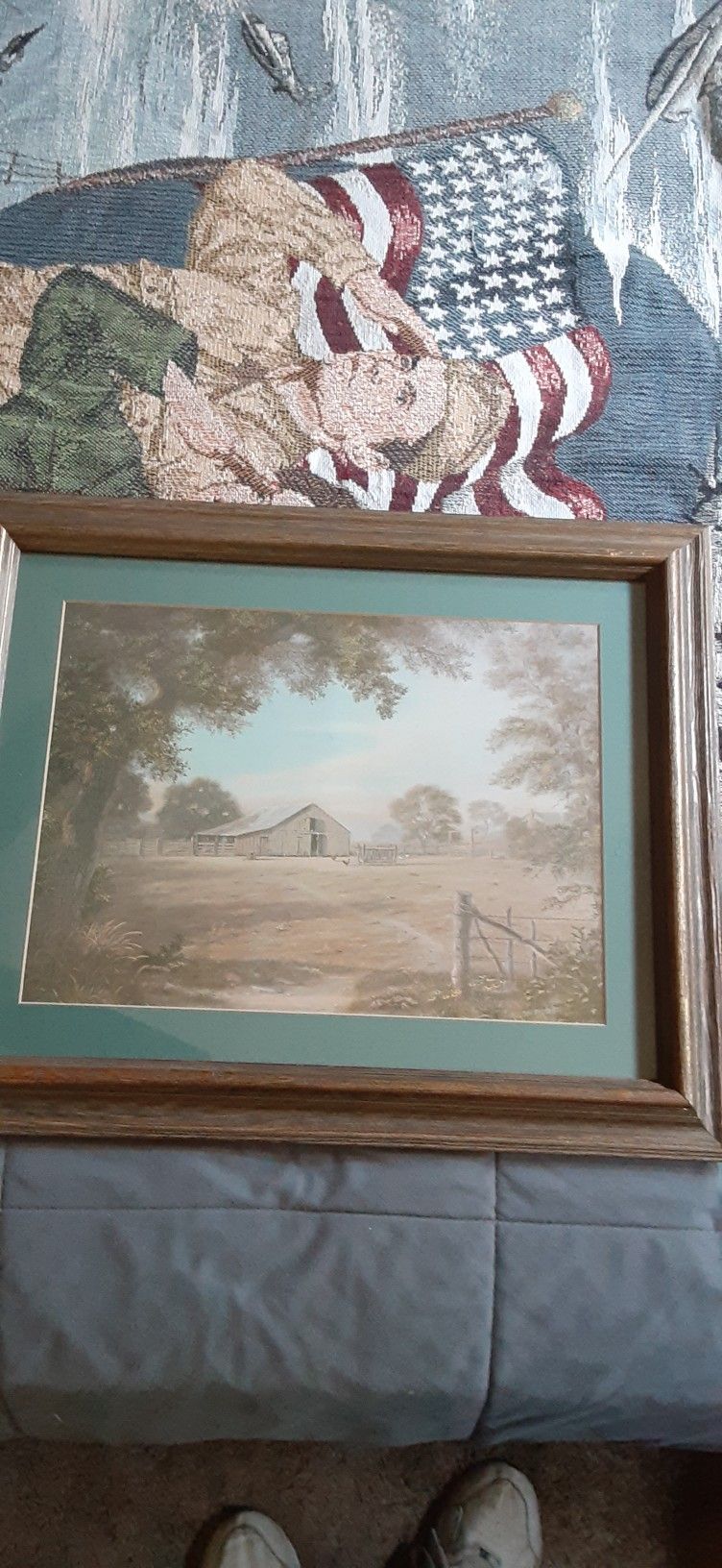 Framed Farm Barn Lithograph Print Signed Nelson Rhodes