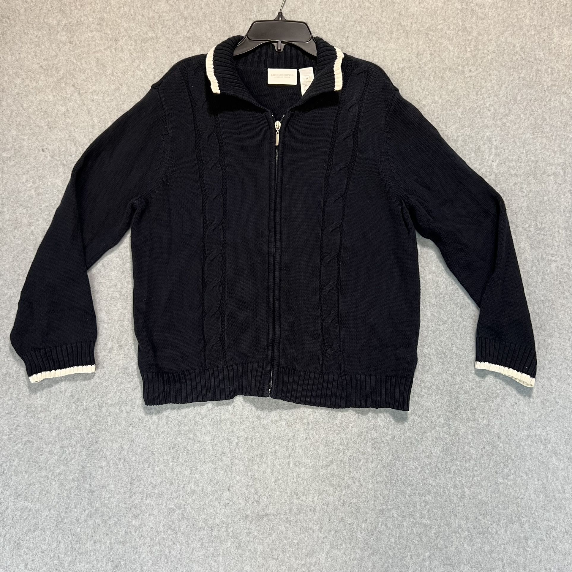 Liz Claiborne Cable Knit Zip Up Cardigan Classic Preppy Coastal M nautical