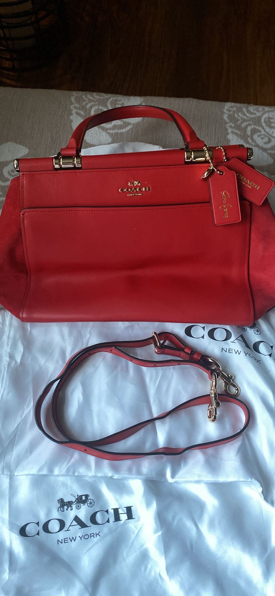 Coach Hand Bag with shoulder Strap- Red Leather, Gold Trim-Selena Gomez Edition
