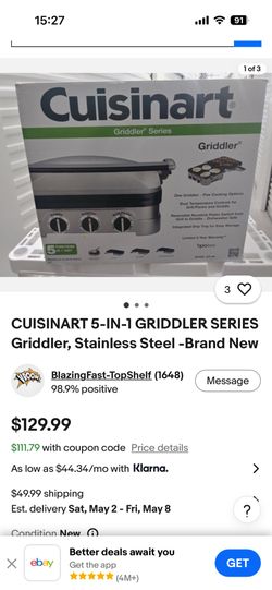 CUISINART 5-IN-1 GRIDDLER SERIES Griddler, Stainless Steel -Brand New