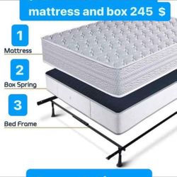 Huge sale for Mattress And Box Twin size mattress and box 150.$ full 190$ Queen 200$ king 290$. Mattress And Box and frame and headboard. King 580$ Qu
