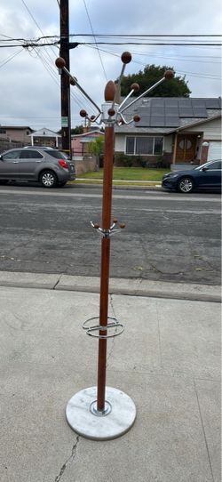 Mid-Century Modern Style Wood and Chrome Coat Rack with Marble Base HEIGHT 69in