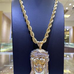 10kt Gold Rope Chain And 10k CZ Jesus Head Pendant 
