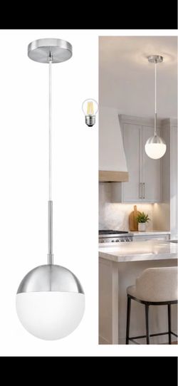 Lámpara colgante moderna de níquel de mediados de siglo de 6 pulgadas para isla de cocina, globo de vidrio blanco lechoso