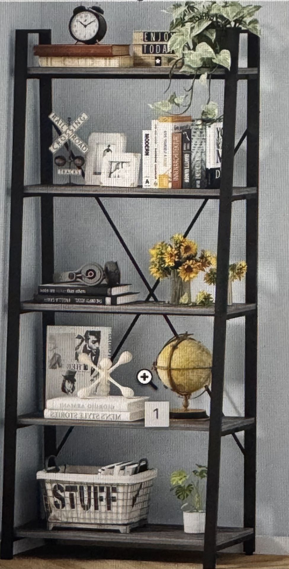 Tier Ladder Shelf, Industrial Leaning Bookcase Grey Oak