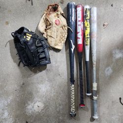 Baseball Stuff. 2 Gloves. 4 Bats. Few Balls And A Bag