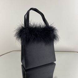 Vintage 90s Black Feather Fluffy Top Trim Grunge Mini Crossbody Handbag Purse