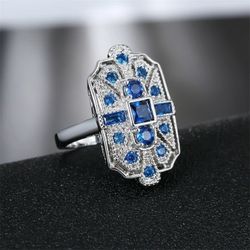 Huge Blue Sapphire Art Deco Silver Geometric Ring - Size 7