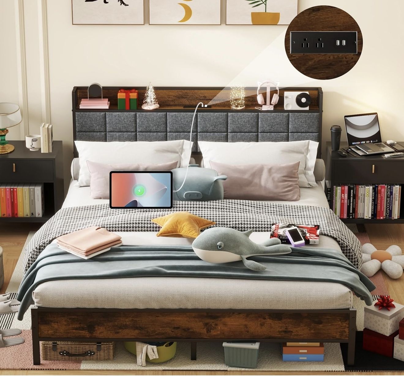 Queen bed frame with headboard (charging outlet included)