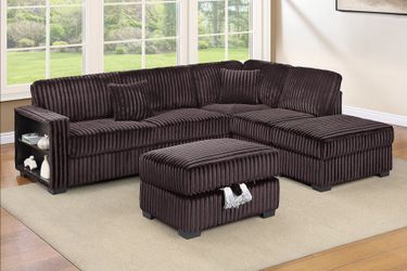Brand New Brown Corduroy Sectional Sofa w Storage Ottoman