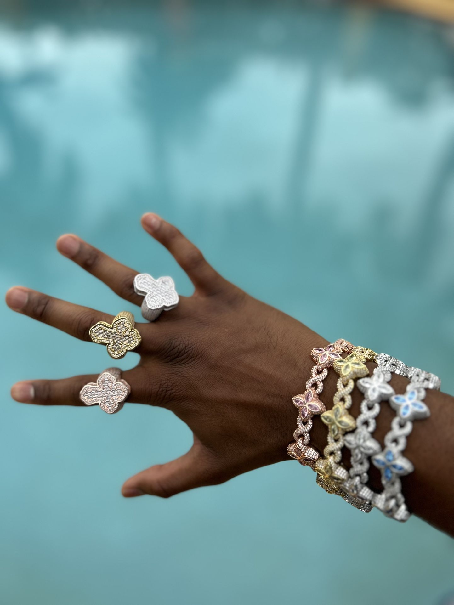 Iced Out Diamonds Baugette Jesus Cross Ring & Flower 4 Leaf Clover Iced Out Diamonds Premium Quality