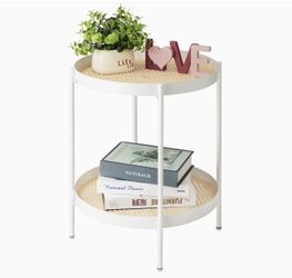 All Metal Side Table, 2 Tier Anti Rust Small Table with Imitation Rattan Pattern on Removable Trays for Living Room, White Round Nightstand for Bedroo