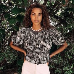 FREE PEOPLE XOXO Snake Print Smocked Puff Sleeve Top