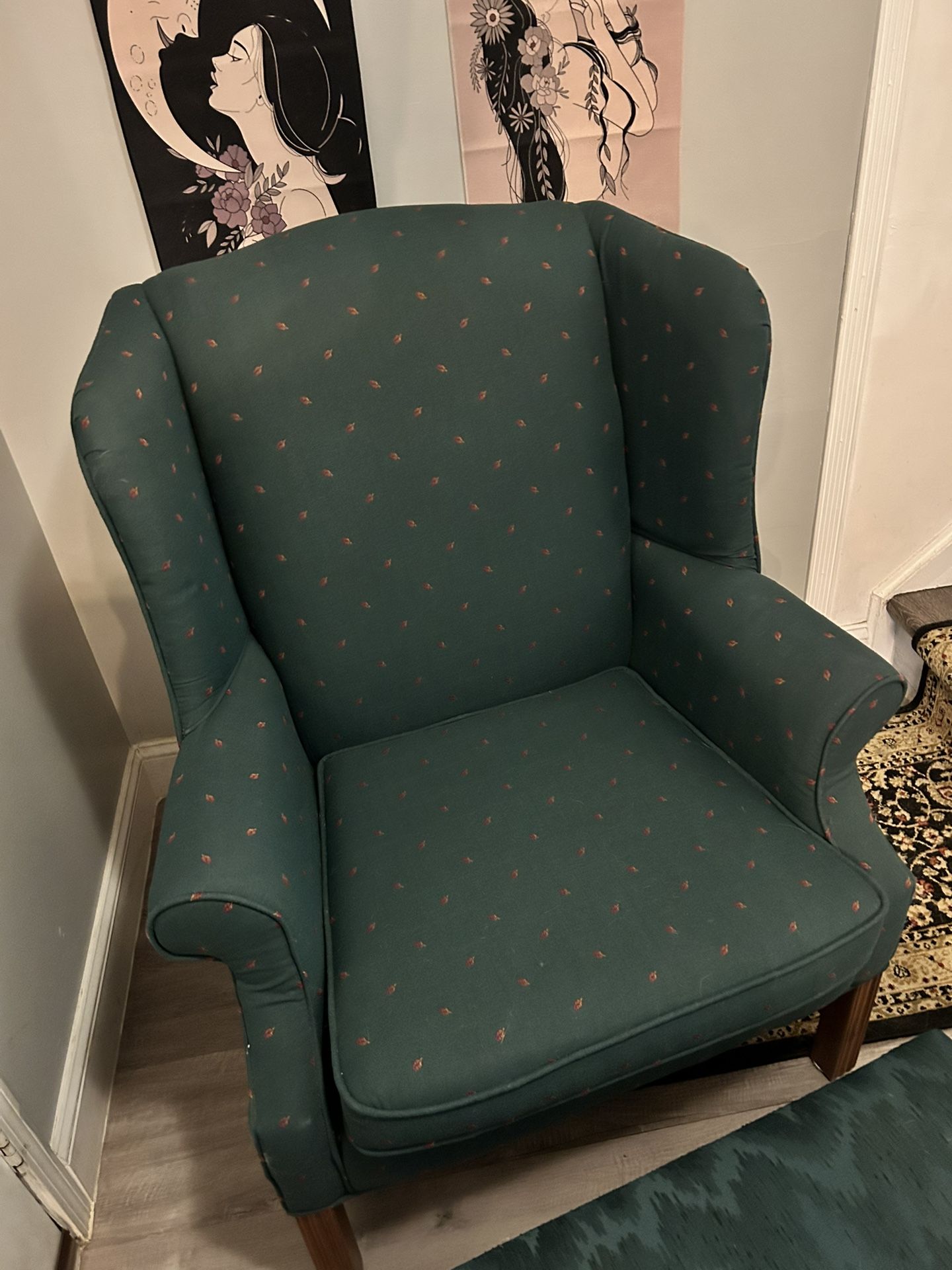 Green wingback Chair With Ottoman