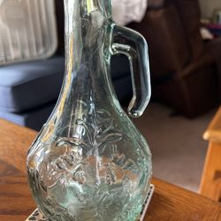 Vintage Green Glass Cruet Cork Embossed Leaf Pattern Oil Wine Decanter Pitcher