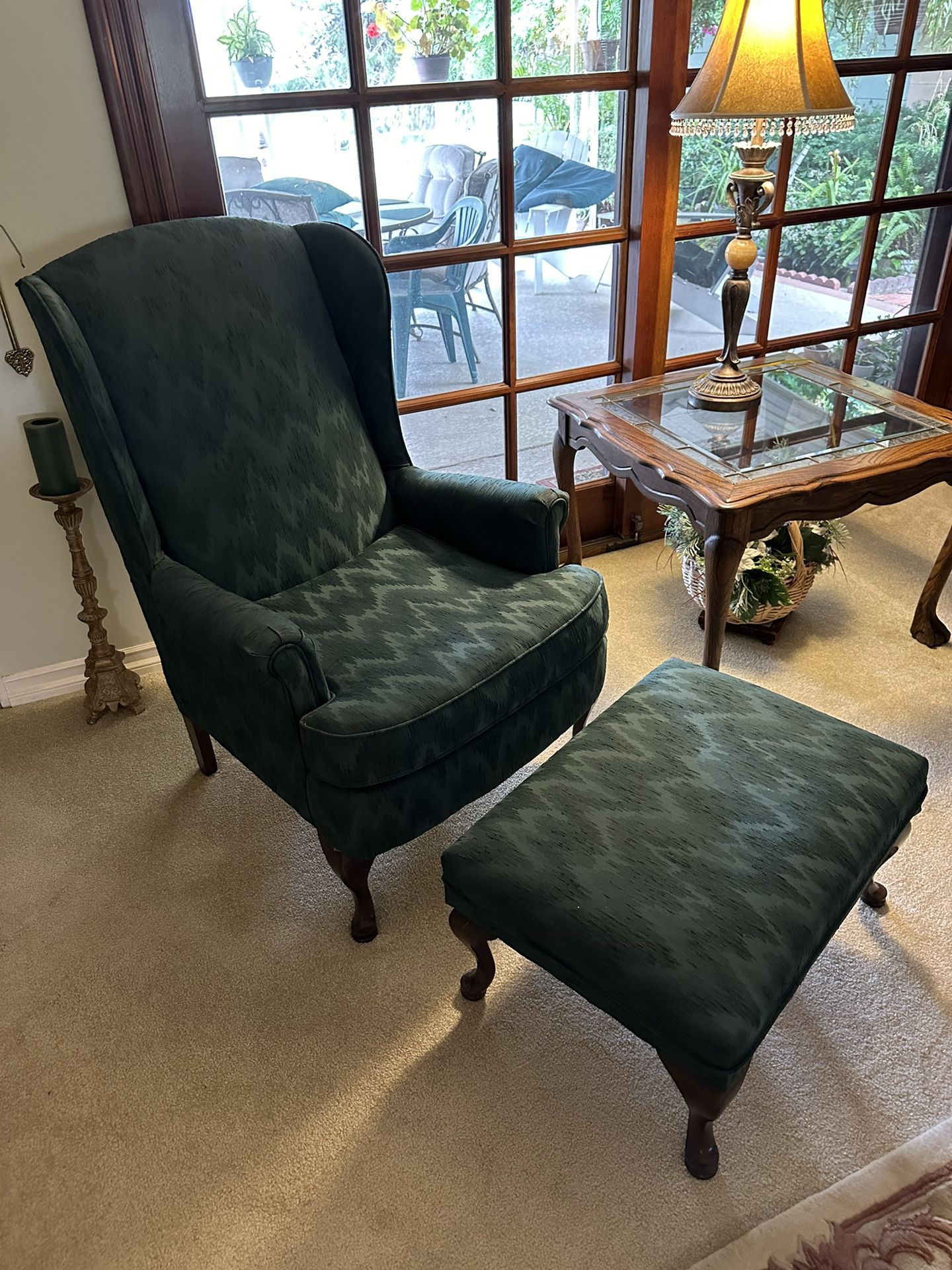 2 Green Wing Back Chairs 1 Ottoman