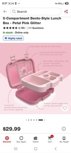 5-Compartment Bento-Style Lunch Box – Petal Pink Glitter
