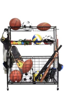 Garage Sports Equipment Organizer, Ball Storage Rack, Garage Ball Storage, Sports Gear Storage, Garage Organizer with Baskets and Hooks, Rolling Sport