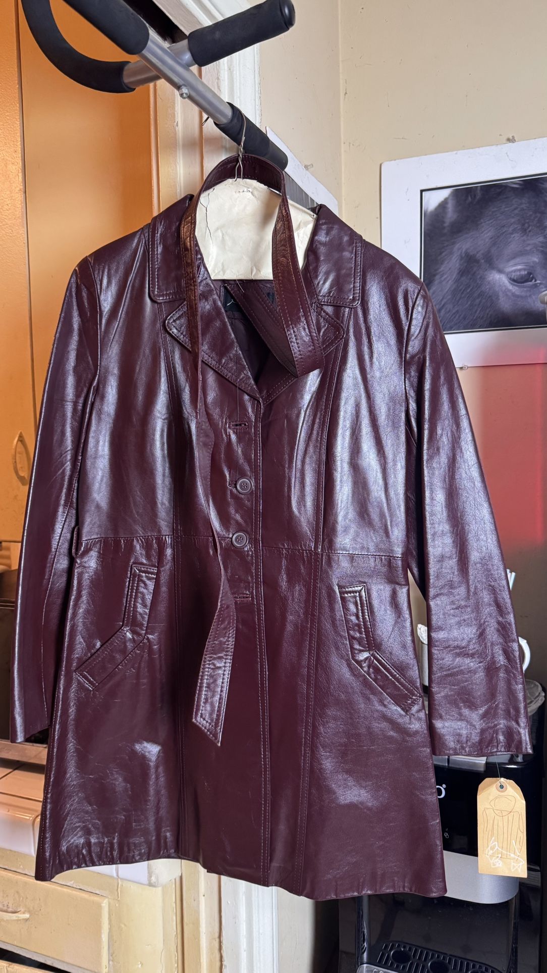 Vintage Burgundy Leather Trench Coat Jacket with Belt