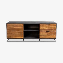 CB2 Congo 65” Wood Media Console TV Stand – Solid Mango & Teak Wood, Iron Frame, Rustic Industrial Entertainment Center, Storage Cabinet for Living Ro