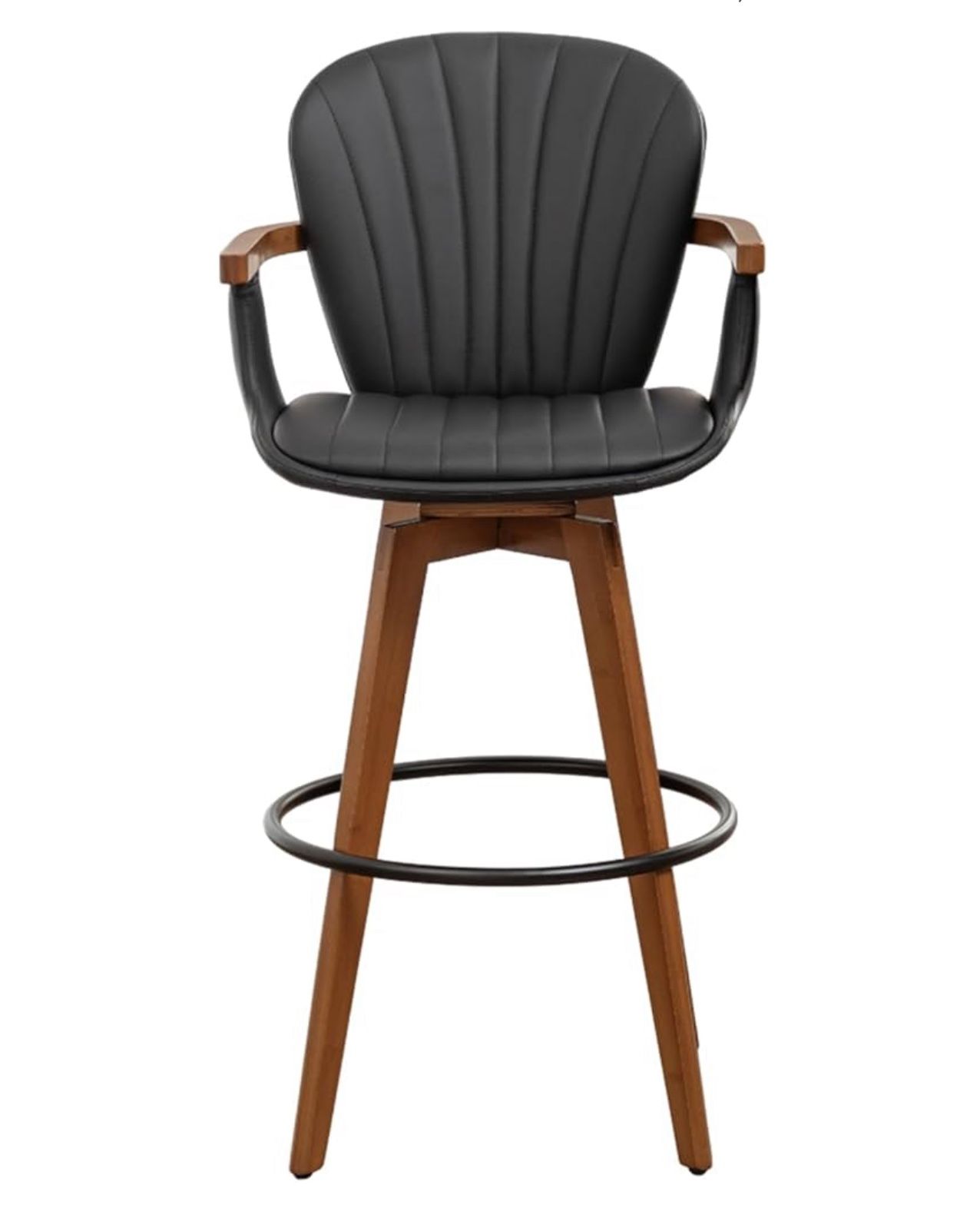 26” Counter Height Stools,Mid Century Modern Bar Stools,Black PU Leather Kitchen Island Stool,Wood High Barstools Swivel with Back and Arms for Home B