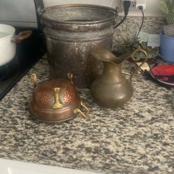 Copper  Pot, Colander, Water Jug