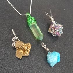 Wire Wrapped green yellow aura quartz on silver necklace with 3 druzy pendants new