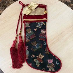 VTG Joi Ellis Victorian Christmas Stocking Velvet Tapestry Teddy Bear Tassel 23”