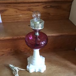 Cranberry & Milk Glass Antique Lamp Beautiful 