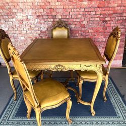 Antique Table And Chairs Set Solid Carved Wood Leather