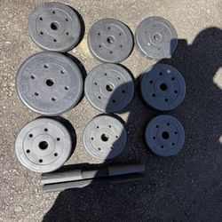 Selling a set of weight plates for a barbell/dumbbells.  Total of 9 plates, various weights