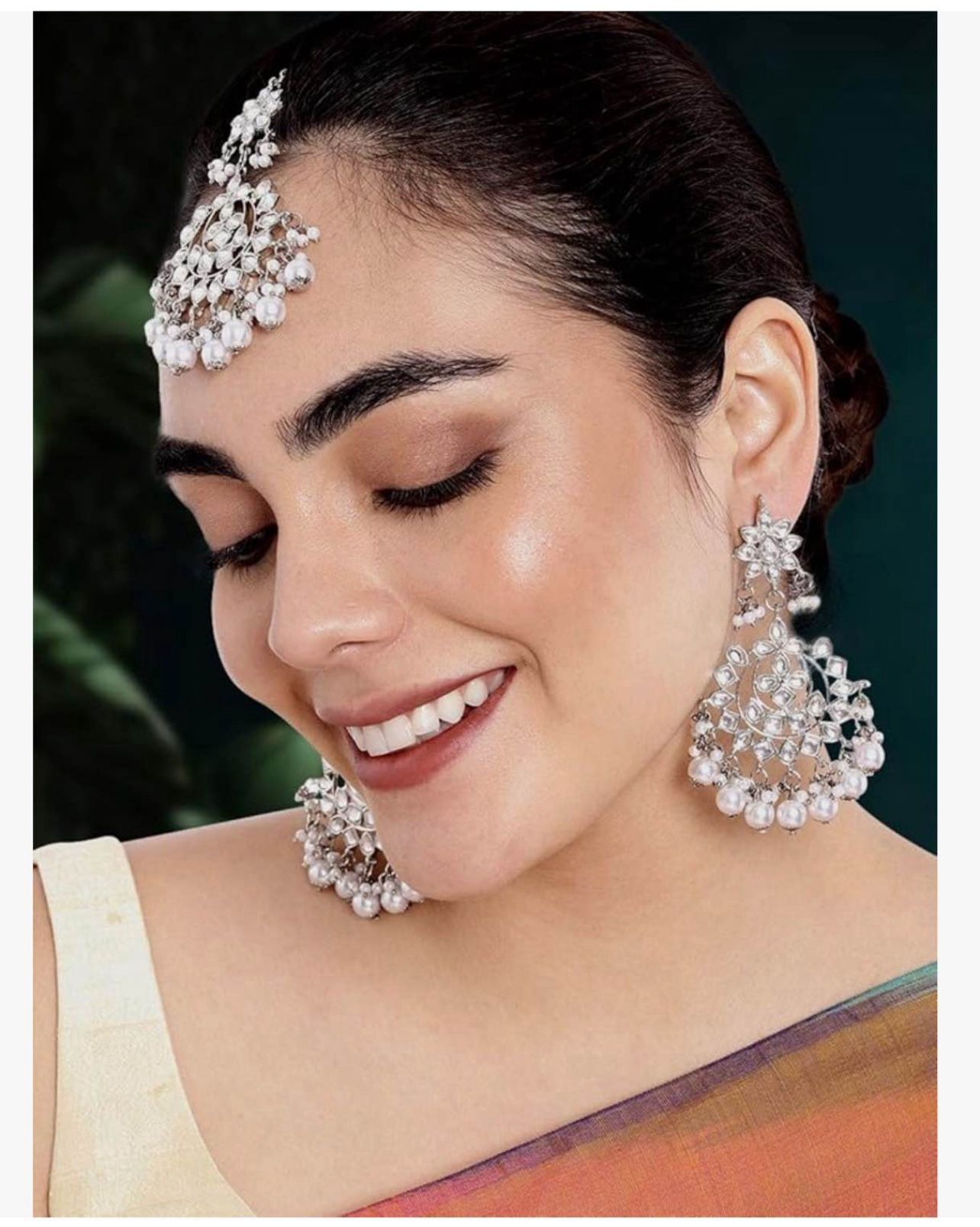 Aheli Women Silver Plated Pearl Kundan Studded Earring Maang Tikka Jewellery Set.BRAND NEW