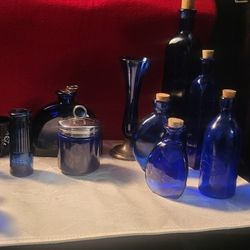 Vintage Blue Glass Bottles 