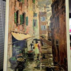 COSIMO PRIVATO Signed Vintage c1960 Italian Oil Painting VENICE Street Scene Oil Painting 21.5"×29"  