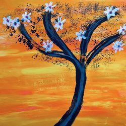 Pink Skies Sunset Tree With Flower Painting 