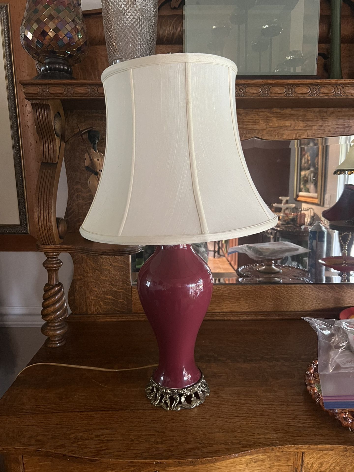 VINTAGE 1920-40 TABLE LAMP BRASS BASE OX BLOOD RED SILK SHADE original
