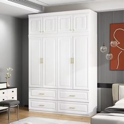 4 Door Wardrobe Closet With Drawers & Shelves, Armoire Closet With Hanging Rod, Wardrobe Cabinet With Gold Metal Handles, 