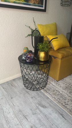 Black Round Side Table with Geometric Wire Base