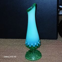 Antique Fenton URANIUM Bud Vase In Green Glass And Blue Milk/opaque Glass With A Hobnail Pattern At The Bottom