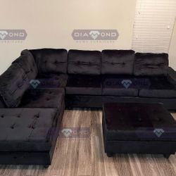 HEIGHTS BLACK VELVET SECTIONAL W/OTTOMAN
