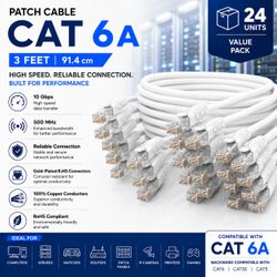 CAT6A Ethernet Patch Cable 3 ft White (24-Pack), 10 Gigabit High-Speed Network Cable, 500MHz UTP RJ45 LAN Cord, Gold-Plated Connectors, Compatible wit