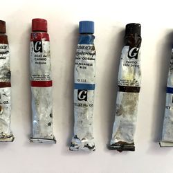 5 Vtg Grumbacher Oil Paints - 11 ml Manganese Blue, Cad Red, 2 Browns