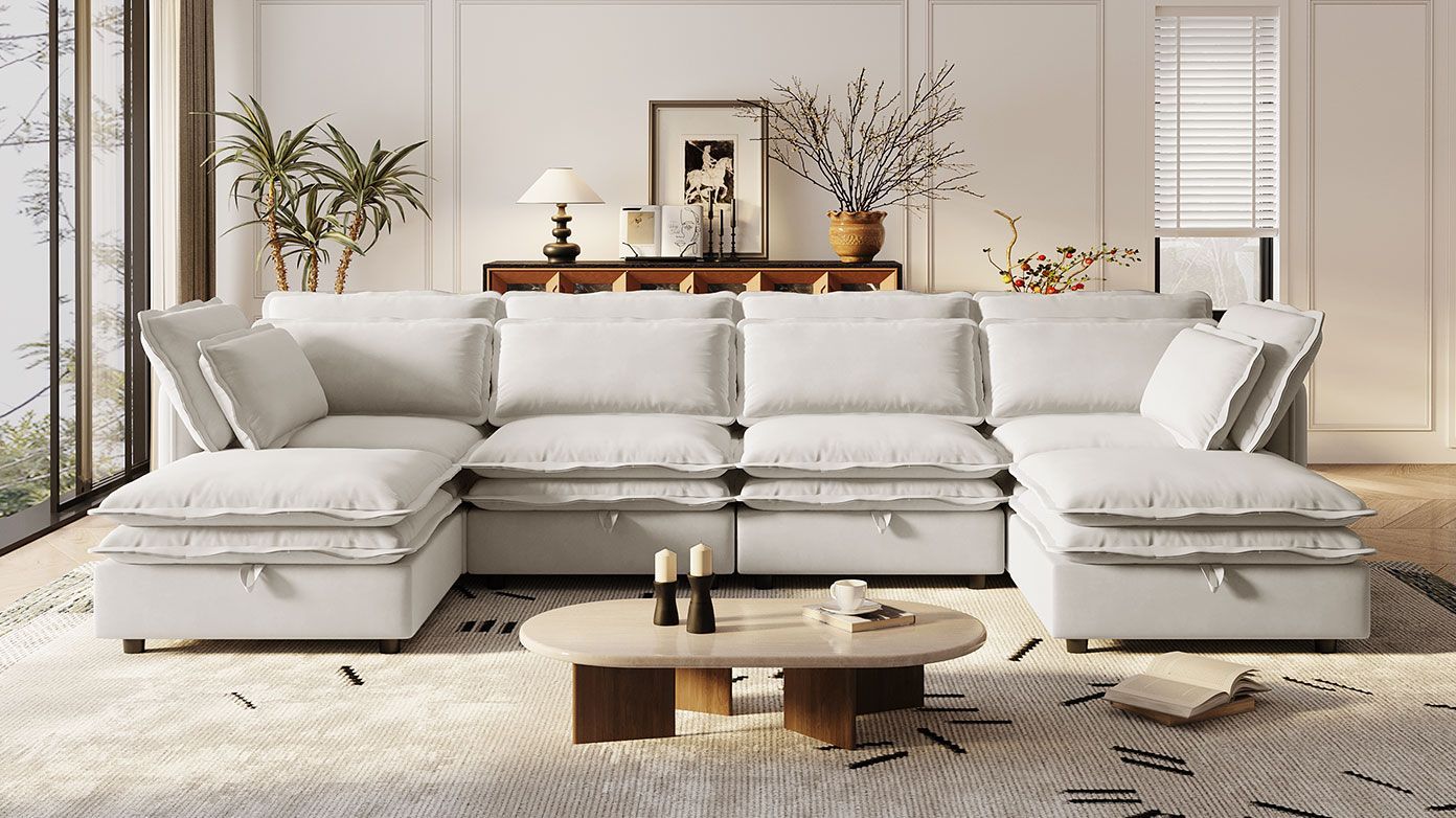 U_Style Double Layer Cushion Modern Large U Shaped Modular Sofa Freely Combinable 6 Seater with Storage Function Convertible to Sofa Bed Perfect fo