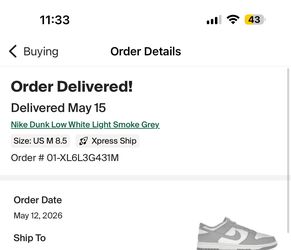 nike dunk low white light smoke grey. size 8 1/2 (stock x)