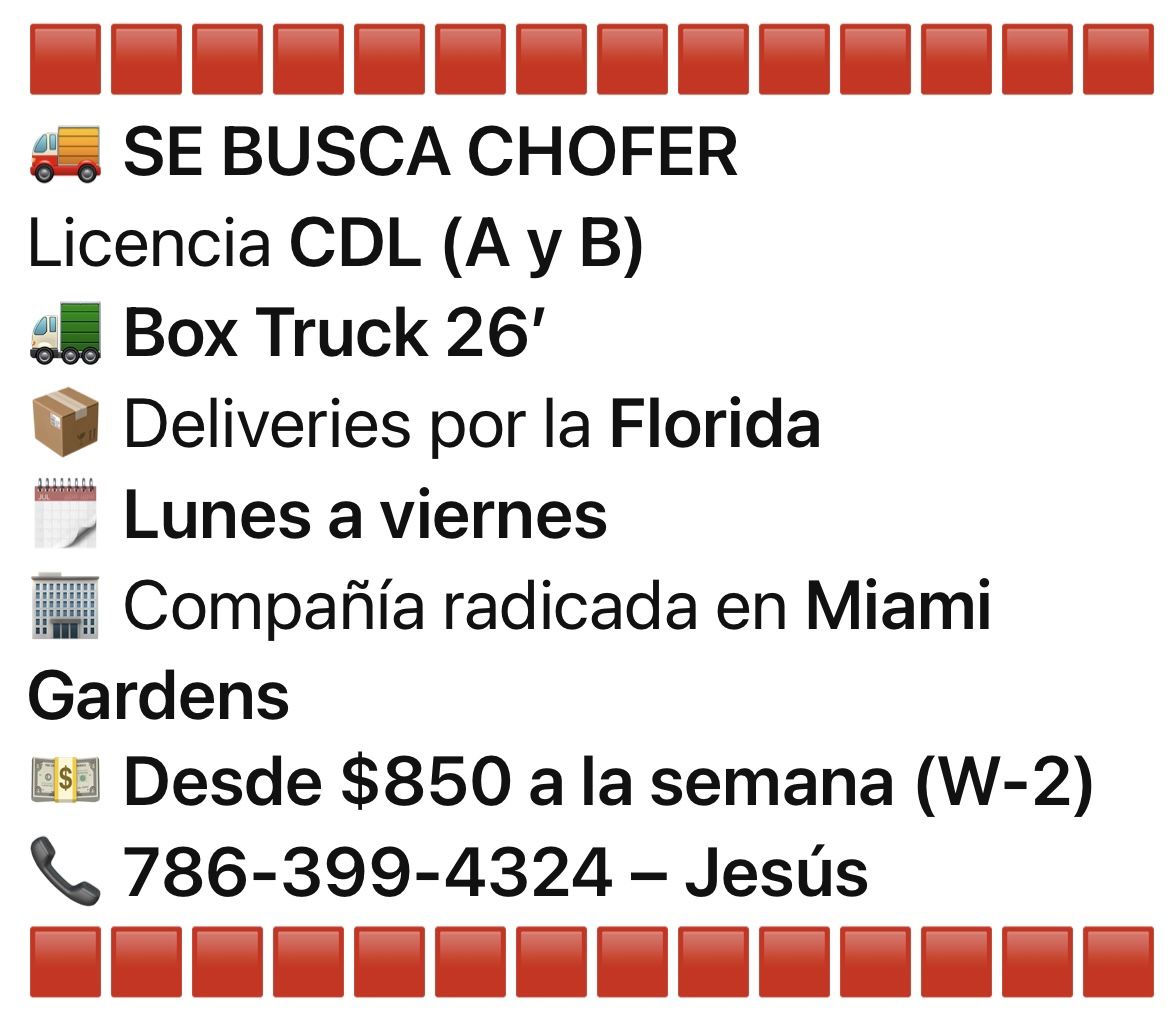 Se busca un chofer Para Box Truck 26’