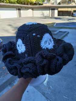 Skull Granny Square Crochet Ruffle Bucket Hat