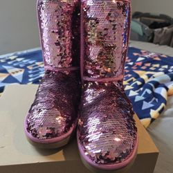 UGG CLASSIC SHORT SEQUIN SPARKLES PINK SHEARLING BOOTS US 8
