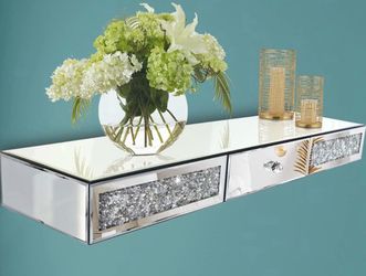 Mirrored Furniture Wall Shelf With Drawer, Crystal Diamond Floating Showcase, Silver Mirror Crushed Diamond Decorative Dressing Table, Gorgeous Bling