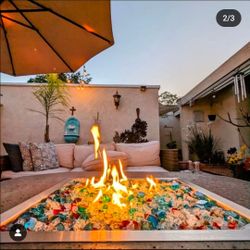 Firepit, Firetable, Backyard Concrete Fire Pit – Modern Design, Propane, Glass Inlay, Durable BuildConcrete Outdoor Fire Pit – Large Burner, Propane,