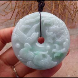 Certificate Jadeite Jade wealth  Green Dragon Phoenix Pendant 